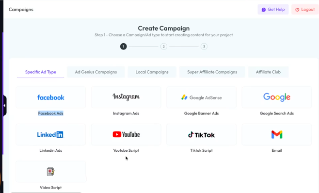 Screenshot of the GoBeaver A.I campaign creation dashboard with Facebook, tiktok, LinkedIn, YouTube,
 Instagram and more
